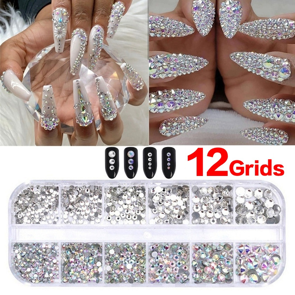 3D Gems 12 Girds Nail Rhinestones Manicure AB Crystal Glitter Sliver  Diamond