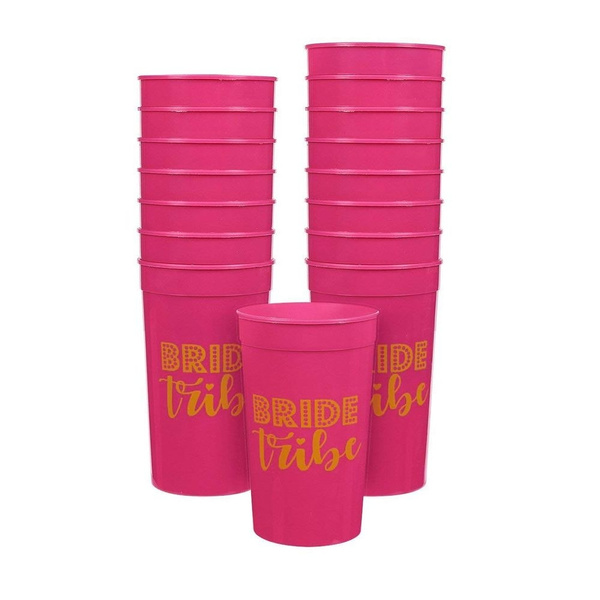 3 x 5.1 x 3 Inches Bachelorette Party Essentials Plastic Party Cups 16-Pack Disposable Tumblers Engagement Party Supplies 16 Oz Pink Plastic Cups Bride Tribe Design 