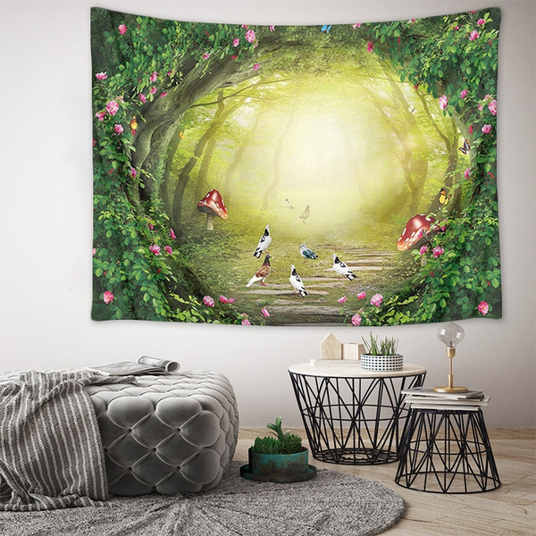 Fairy Mushroom Forest Tapestry Green Trees Wall Hanging For Living Room Bedroom 