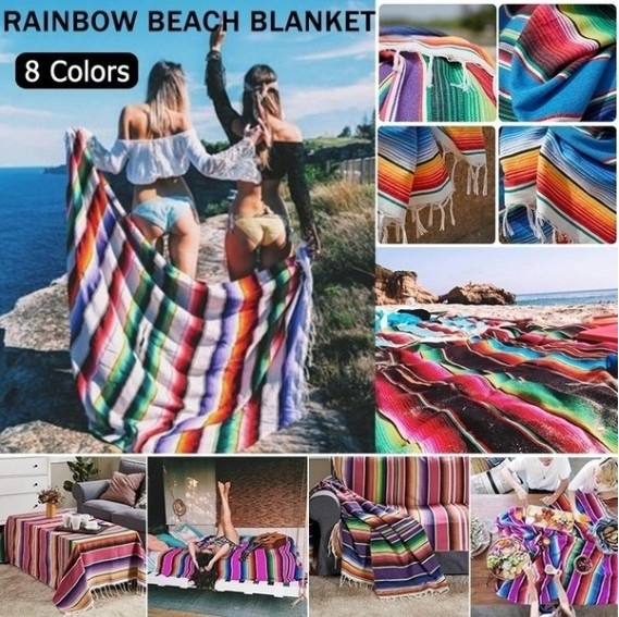 Ethnic Style Beach Blanket Cotton Handmade Rainbow Tapestry Beach Picnic Mat 