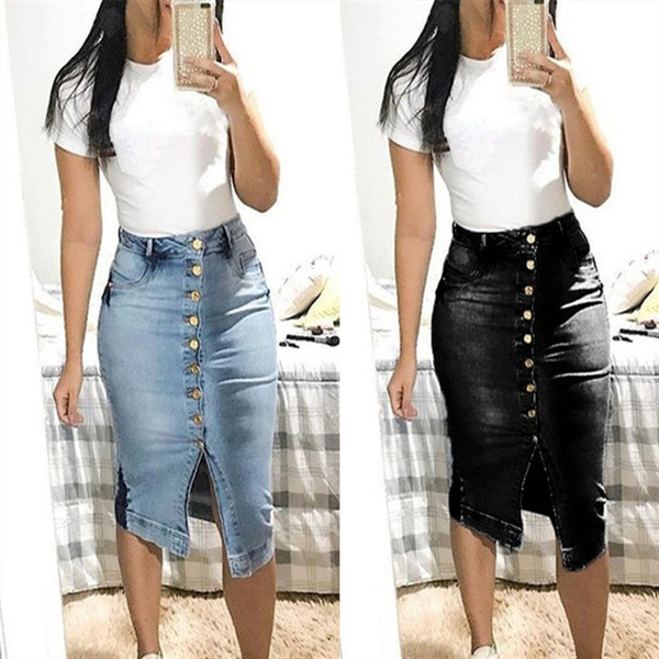 high waisted denim skirt knee length