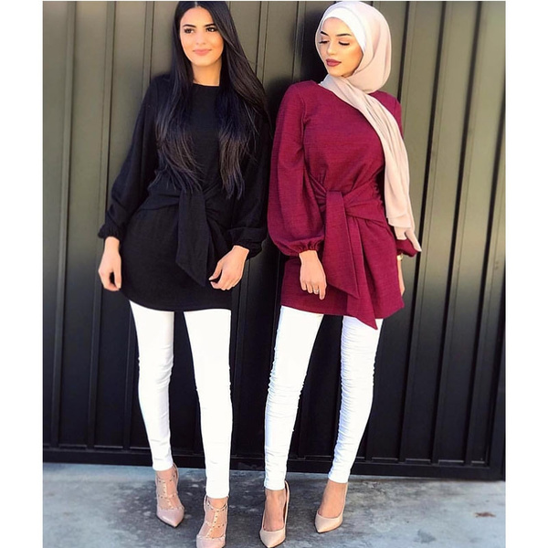 New Fashion Muslim Women Long Sleeve Soild Color Tops Islamic Clothing