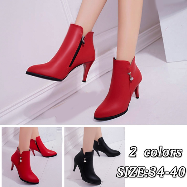 2019 Fashion Woman High Heel Fine With Cusp Ankle Boot Zipper Low Tube Solid Color Crystal Pumps 0412