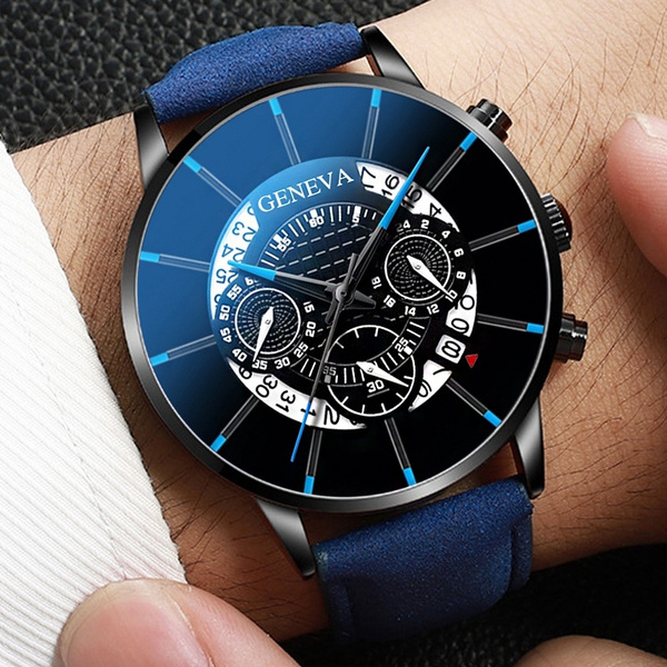 geneva men's quartz watch leather band