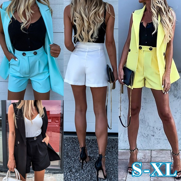 2 Pcs Set Summer Women Suit Casual Solid Color Sleeveless Vest Blazer ...
