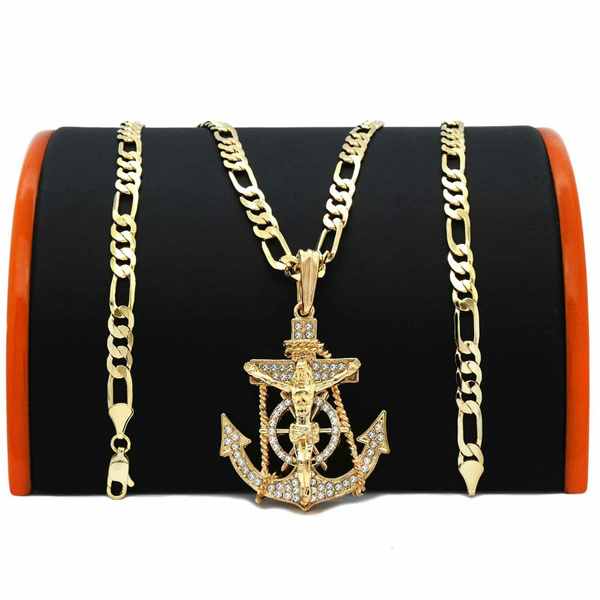 Preciashopping Mens 14k Gold Plated Jesus Anchor Pendant 6mm 30 inches Cuban Necklace Chain 