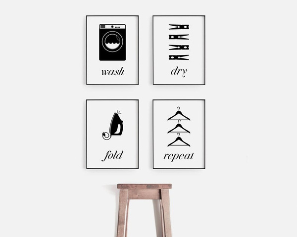 4 Panels Set Wash Dry Fold Repeat Poster Print Canvas Modern Laundry ...