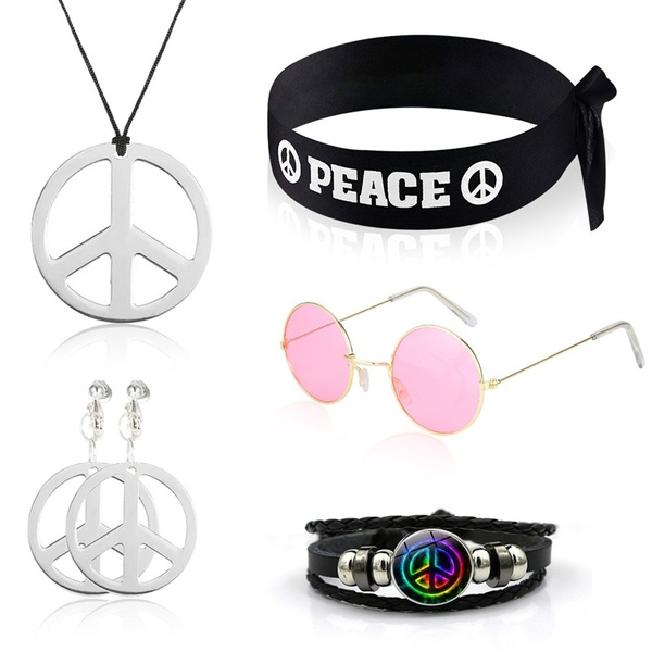 Sunshane Hippie Dressing Accessory Set Hippie Glasses Hippie Style Peace Sign Necklace and Earrings 
