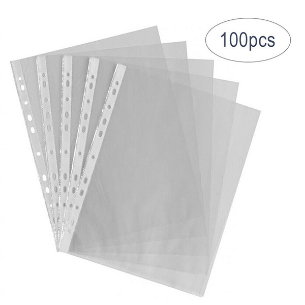 100 Pcs Folder A4 Clear Plastic Punched Pockets Filing Sleeves Document Files 