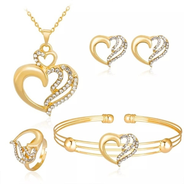 Fashion Gold Heart Nacklaces Ring Earrings Women Jewellery Sets Wedding Party 