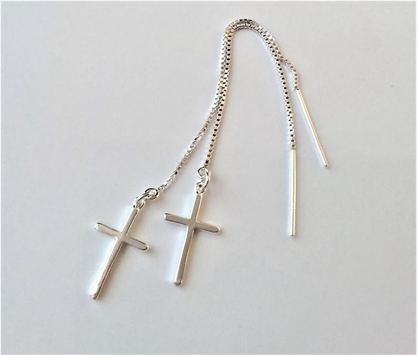 Sterling Silver Cross Threader Earrings, Silver Dangle Earrings, Cross