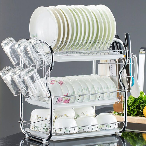 2 Tiers Dish Drying Rack Drainer Dryer Tray Kitchen Plate Cup Storage US SELLER
