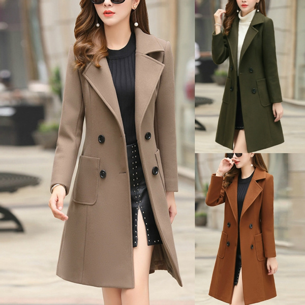 Winter Slim Fashion Temperament Midi length Coat Slim Waist Woolen