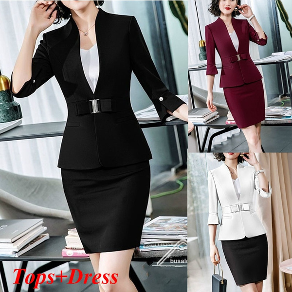 Formal Office Blazers Long Sleeve Uniform Elegant Business Jacket Dress  Suit Dress Set for Women