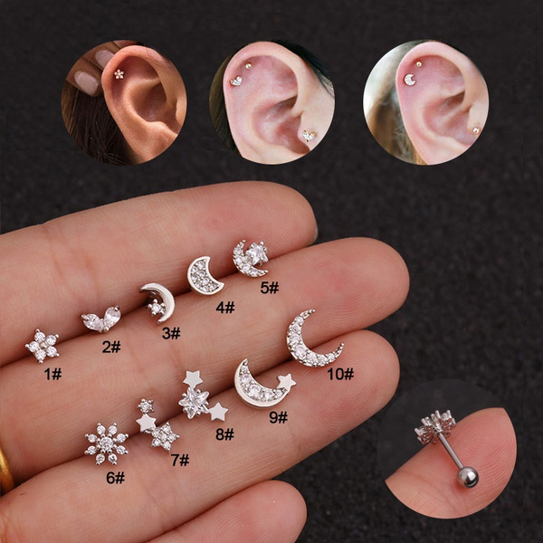 CZ Moon Tragus Earrings star cartilage studs star Tragus Earring conch earring