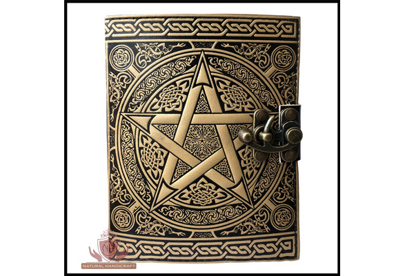 handmade Wicca leather journal black pentagram embossed blank spell book of shadows pentacle witchcraft third eye stone leather journal with clasp lock grimoire pagan celtic unlined notebook 7x5 inch 