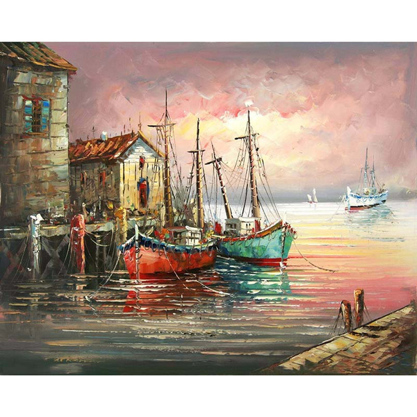 Boat on Beach - Paint by Number Kit DIY Oil Painting Kit on Wood Stretched  Canvas 14x14