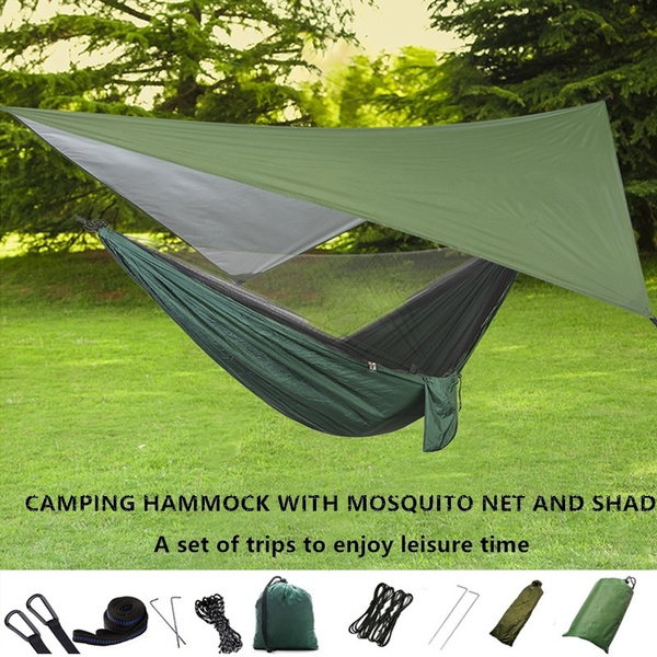 Waterproof Sleeping Swing Tent Bed Camping Hammock w/ Mosquito Net & Rainfly 