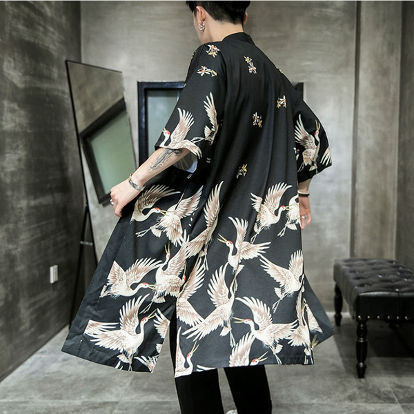 Men Japanese Kimono Coat Loose Yukata Outwear Long Bathrobe Tops Vintage