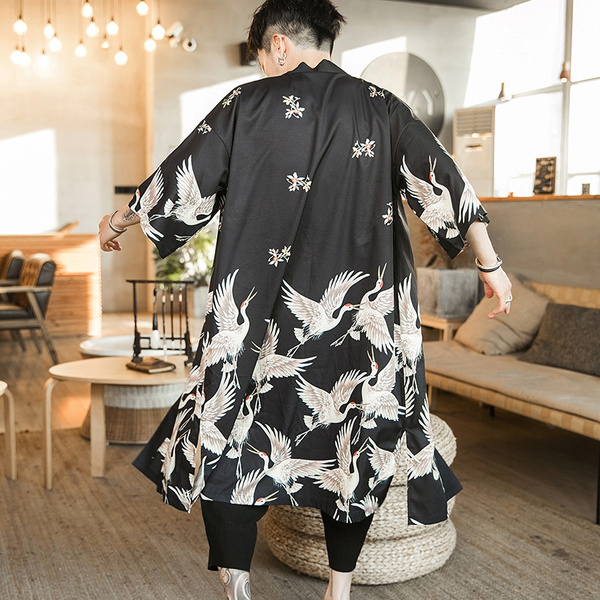 Men Japanese Kimono Coat Loose Yukata Outwear Long Bathrobe Tops