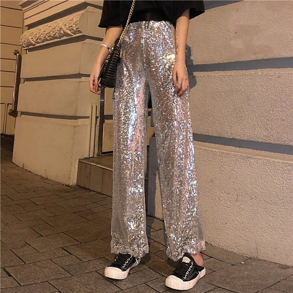 Women Sequins Glitter Pants Straight 