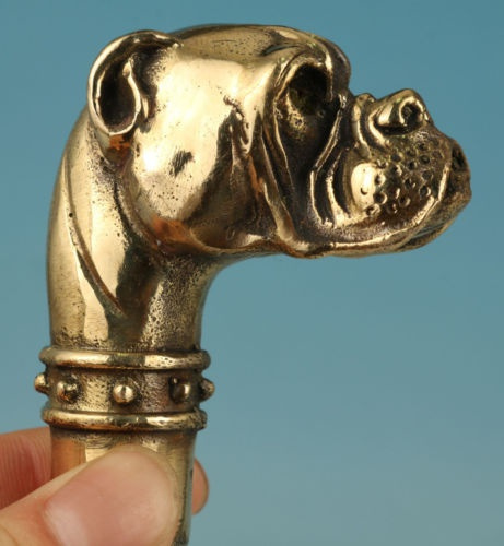 Chinese Old Bronze Handmade Carved Dog Statue Walking Stick Head