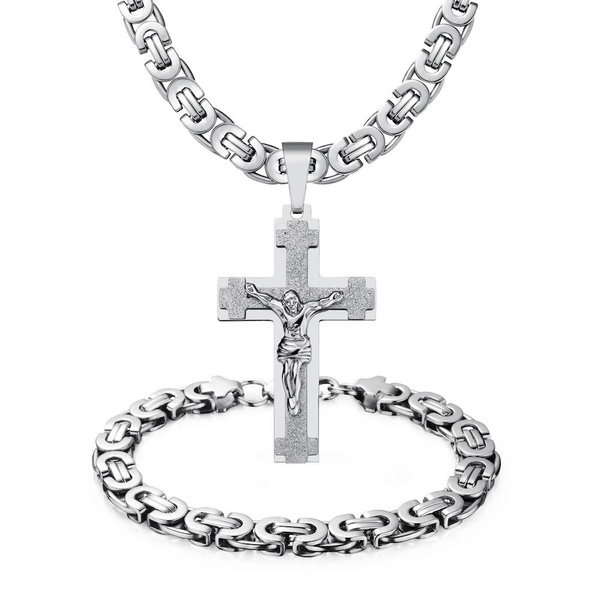 Mens Stainless Steel Silver Jesus Cross 