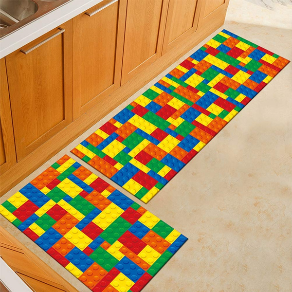 Color Blocks Kitchen Rug WSHINE 2 PCS Non-Slip Kitchen Carpet Colorful Building Blocks Print ...