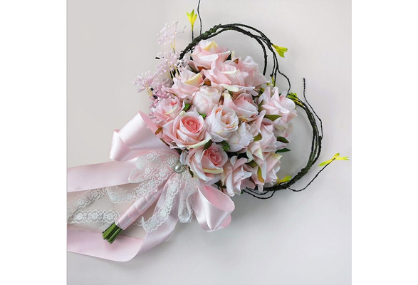 Creative Rattan Heart-Shaped Wedding Bouquet Of Flowers Rose Pink Fresh  Knot Wedding Bride Flowers