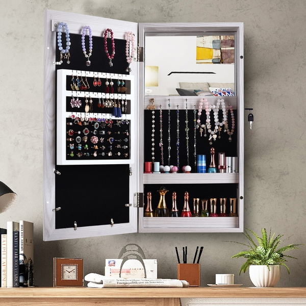 Photo Frames Wall Mounted Mirrored Jewelry Cabinet Armoire Makeup Storage  Organizer Wood Box