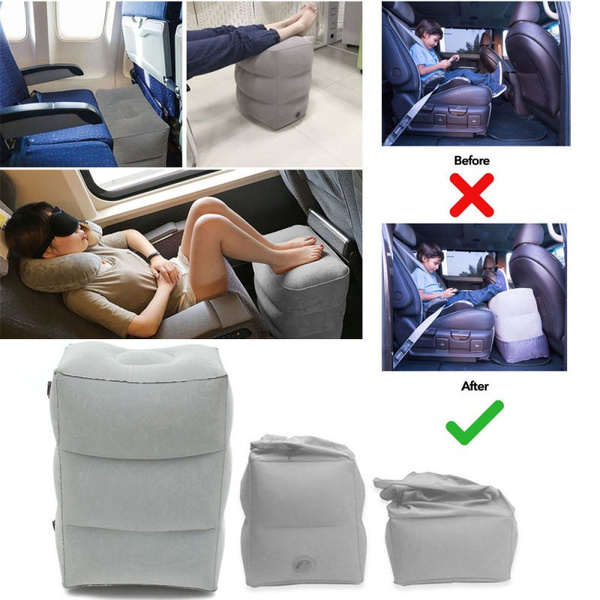 Inflatable Airplane Leg Rest Pillow Travel Three Adjustable Height Footrest  Foot Stool Recliner Relax Cushion for Flight or Train (Blue)