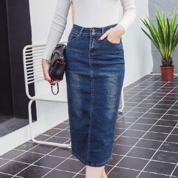 long denim pencil skirt