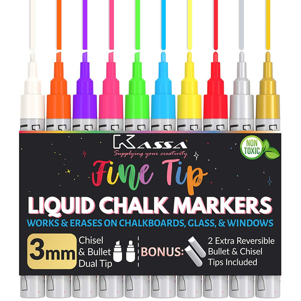 Kassa Liquid Chalk Markers Fine Tip (10 Pack 3mm) - Chalkboard Markers  Erasable - Gold & Silver Included - Wet Erase Markers for Glass Blackboard  Windows - Chalk Pens Include Dual Chisel & Bullet Tip