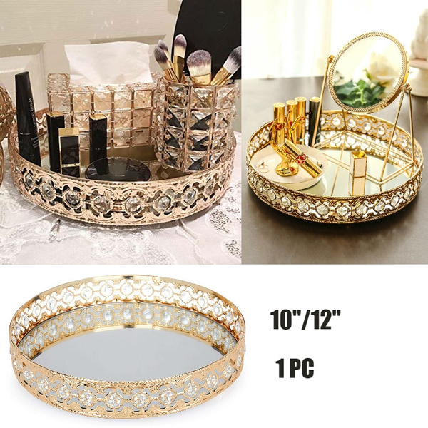 Gold Crystal Tray Glass Mirror Metal Mirrored Ornate Decorative Jewelry Perfumes Cosmetics Display Organizer Wish Gold Crystal Tray Glass Mirror Metal, Mirrored Gold Decorative Tray