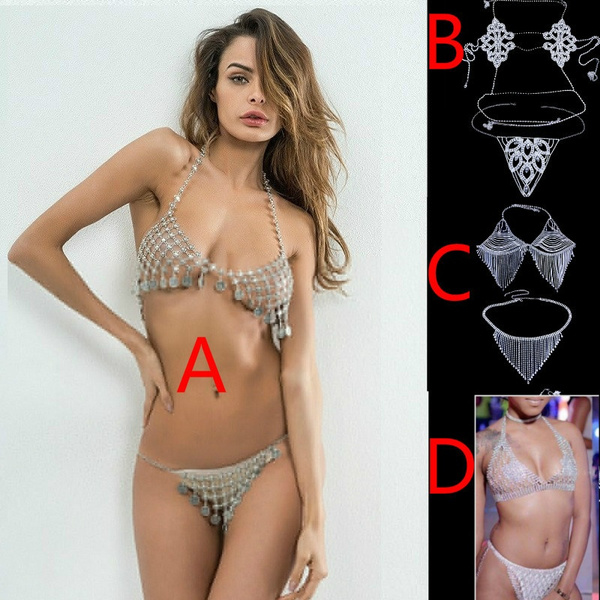 Club Party Metal Chainmail Coins Bikini Bra Brief Set Body Bikini Chain  Jewelry Belly chain