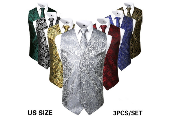 Men's 3pc Paisley Vest NeckTie Pocket Square Set For Suit or Tuxedo 