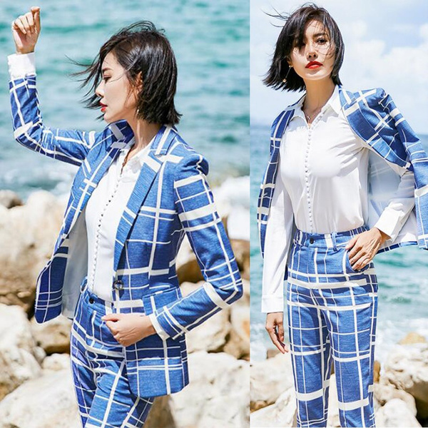 Ladies plaid hot sale pant suits