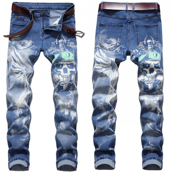 Men's Slim Color Print Stretch Jeans 3D Personality Denim Pants | Wish