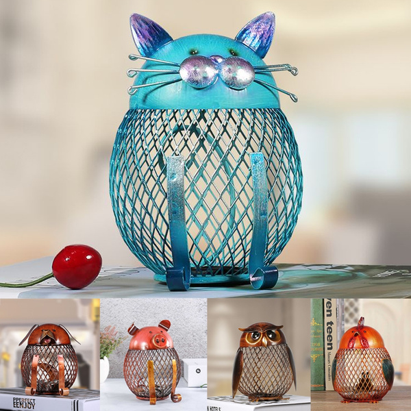 Piggy Bank Owl Figurine Money Saving Box Metal Coin Home Decor Hand Craft Gift 