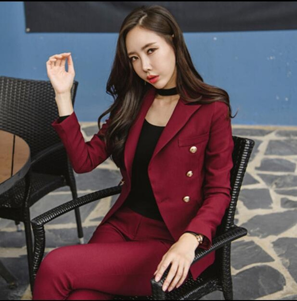 Vintage Double Breasted Women Pant Suit Wine Red Notched Blazer Jacket & High Waist 2019 Spring Office Wear Suits |