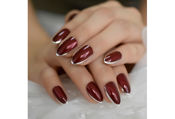 Elevate Your Style With,24pcs Long Almond Wine Red French Fake Nail Set,Fit  Perfectly&Medium Length Design,For Women Girls Daily Work Wear | SHEIN USA