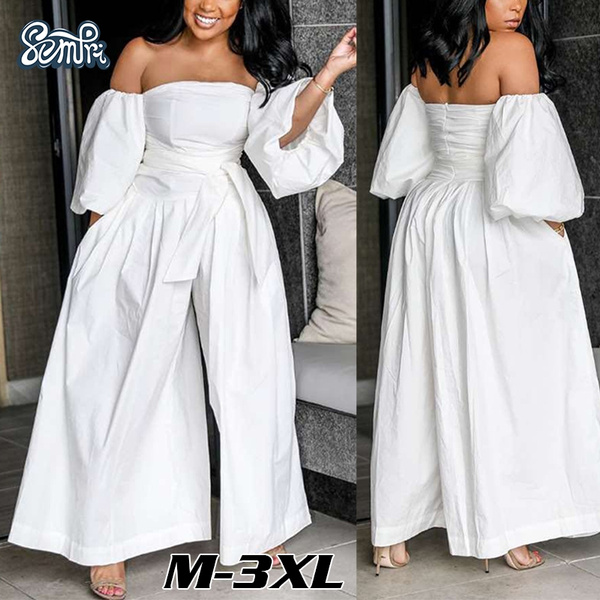 off shoulder solid lantern sleeve jumpsuit