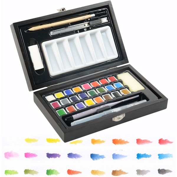 24 Colors Solid Watercolor Paint Set with Water Paint Brush Pigment