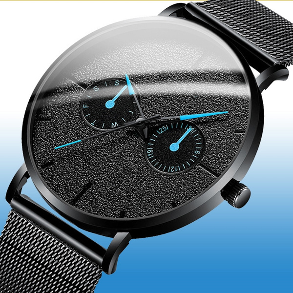 Fashion Mens Business Black Watches Luxury Stainless Steel Ultra