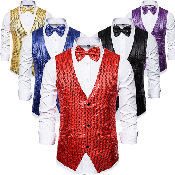 2 Pcs/Set Mens Shiny Sequin Tuxedo Vest and Bow Tie Men Suit Vest for ...