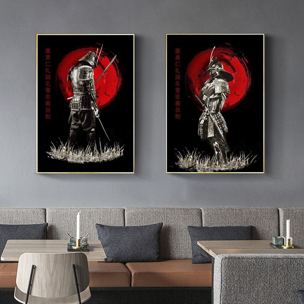 2pcs Japanese Samurai Wall Art Canvas Painting Medieval Karate Warrior Wall Art Picture Black White Red Japanese Style Wall Murals For Living Room Bedroom Vintage Home Decor Canvas Posters No Frame Wish