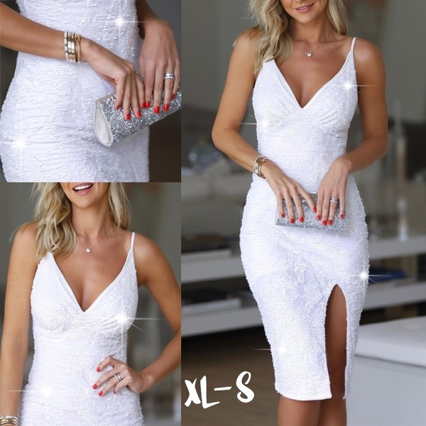 spaghetti strap sequin slit bodycon dress