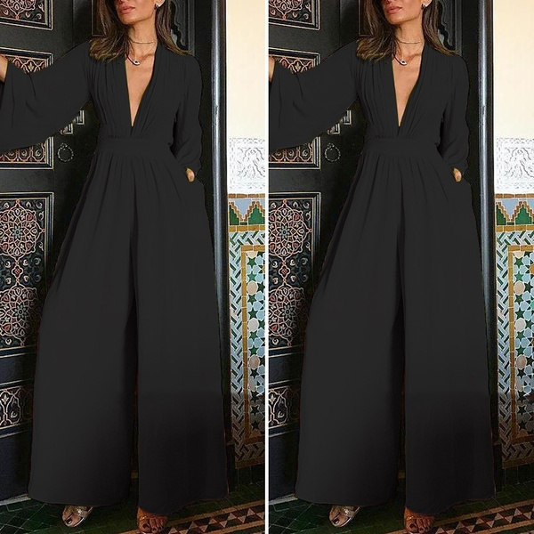 Women Deep V Neck Long Sleeve Jumpsuits 