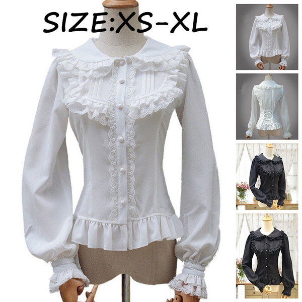 Japanese Style Lolita Blouse Sweet White Lace Long Sleeve Cambric Chiffon  Women's Shirt Vintage Women Blouses