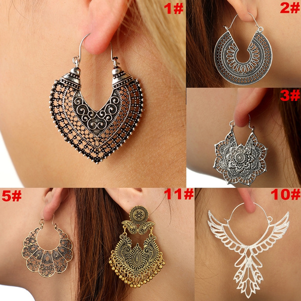 KaFu Retro Tribal tassel Earrings Gold and silver Boho Ethnic Dangle Hoop Earrings Jewelry Hollow Out Fan Shape Geometric Drop Earrings for Women and girl 